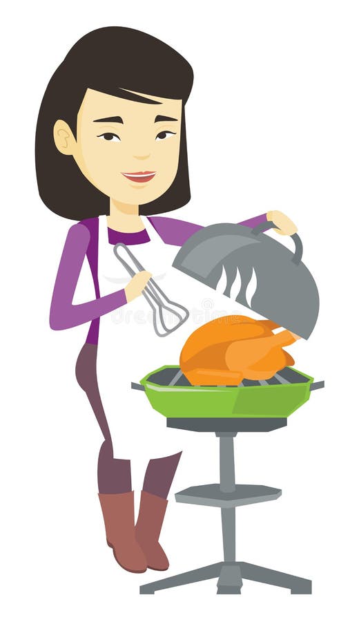 Woman Cooking Chicken on Barbecue Grill. Stock Vector - Illustration of ...