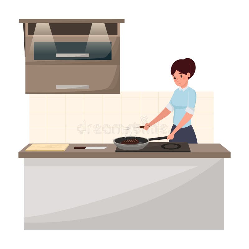 Woman cooking dinner flat vector illustration. Maid roasting steak, female chef frying meat in modern kitchen character
