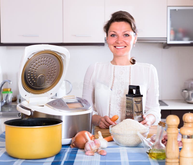 Woman Cooking with Electric Multicooker Stock Image Image of chopping