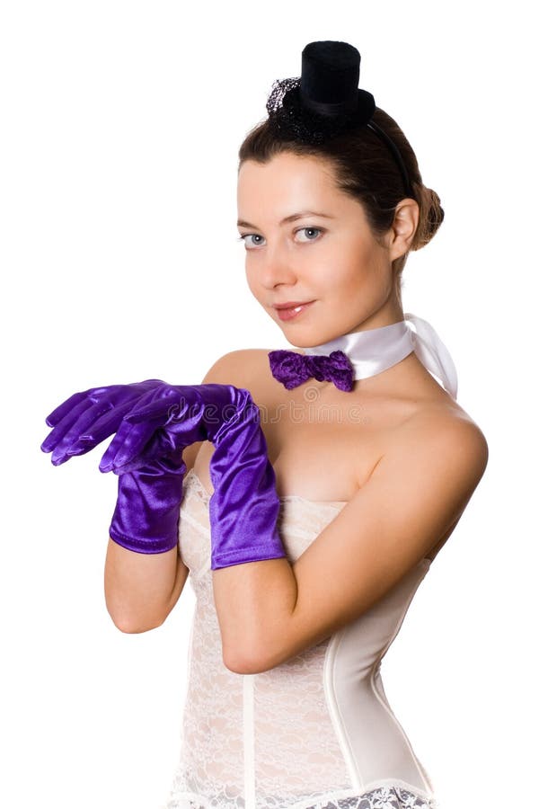 Woman in corset, gloves and little hat