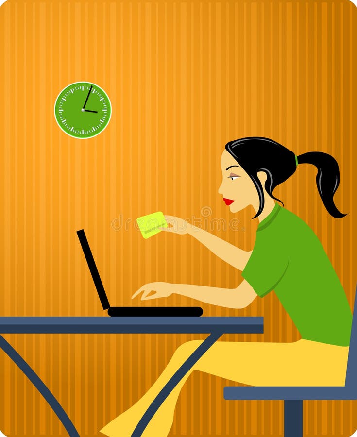 Young woman with credit card. Shopping cart credit card illustrations