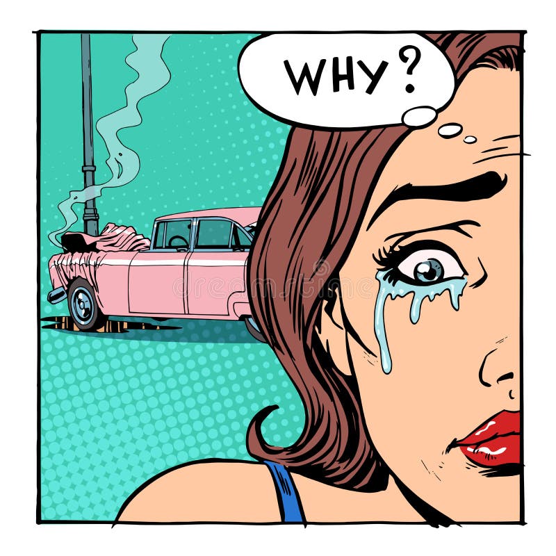 Woman cries crash broke the car stock illustration Woman cries crash broke the car stock illustration