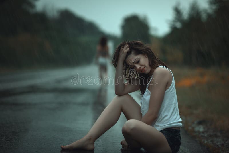 Lonely Girl Crying In Rain