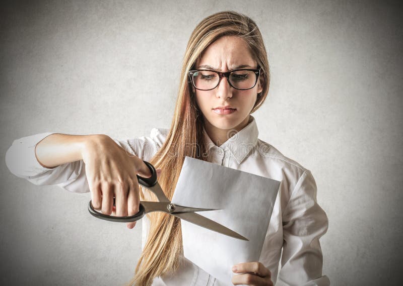 Woman Cutting  A Piece Of Paper  Stock Photo Image of 