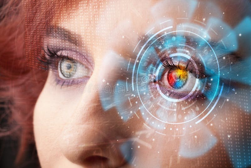 Woman with cyber technology eye panel concept