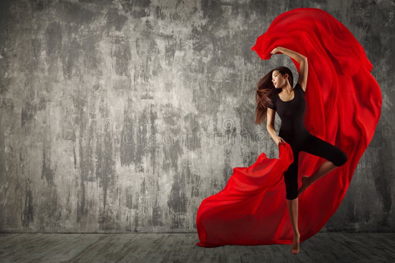 Woman Dance with Red Silk Fabric, Modern Sport Ballet Dancer and Fluttering Waving Cloth, Dancing Girl Studio Portrait