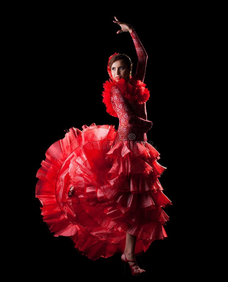 Woman dance spain flamenco in red oriental costume