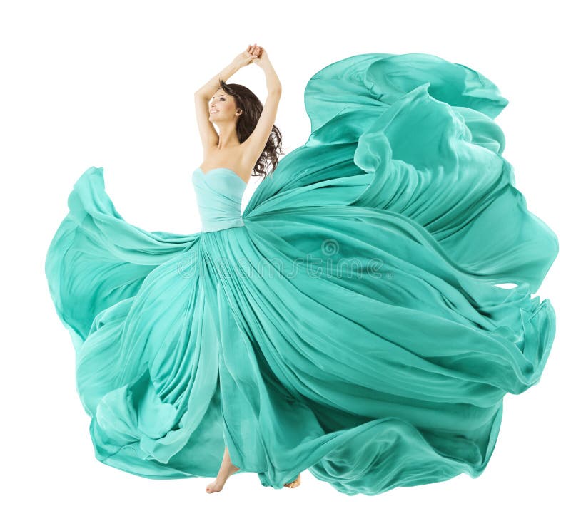 Woman Dancing In Fashion Dress, Fabric Cloth Waving On Wind