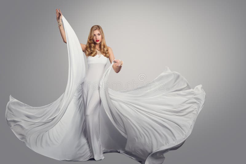 Woman Dancing Long White Silk Dress, Fashion Model in Fluttering Waving Gown, Beauty Portrait