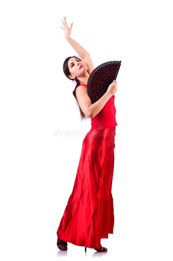 The Woman Dancing Traditional Spanish Dance Isolated on White Stock