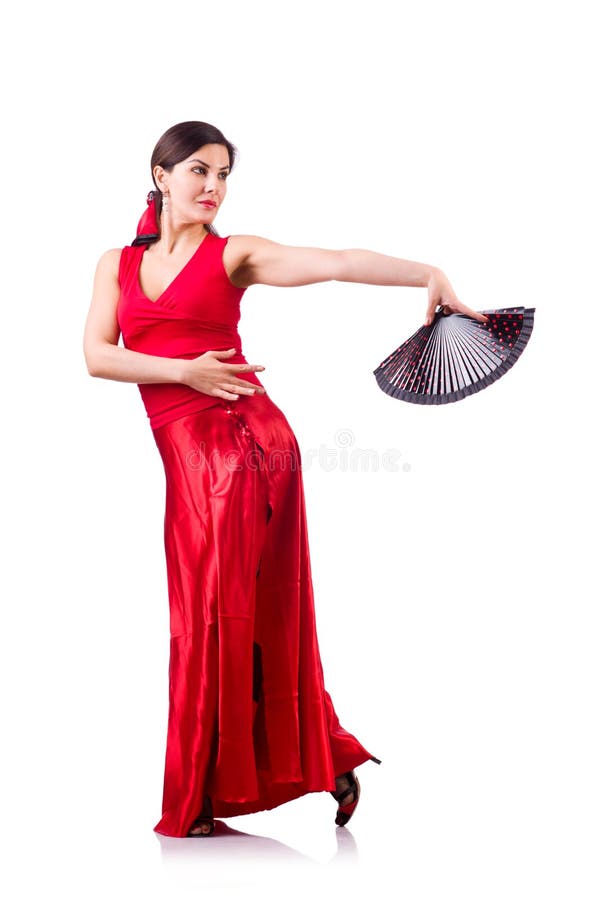 The Woman Dancing Traditional Spanish Dance Isolated on White Stock