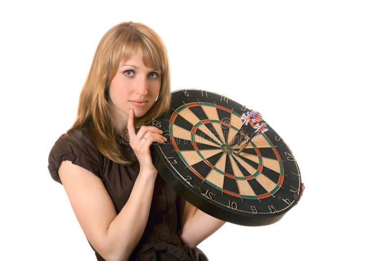 Woman with Dart Target Over White Stock Photo Image of dart, friendly