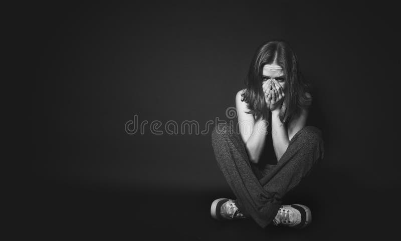 Woman in Depression and Despair Crying on Black Dark Stock Photo ...