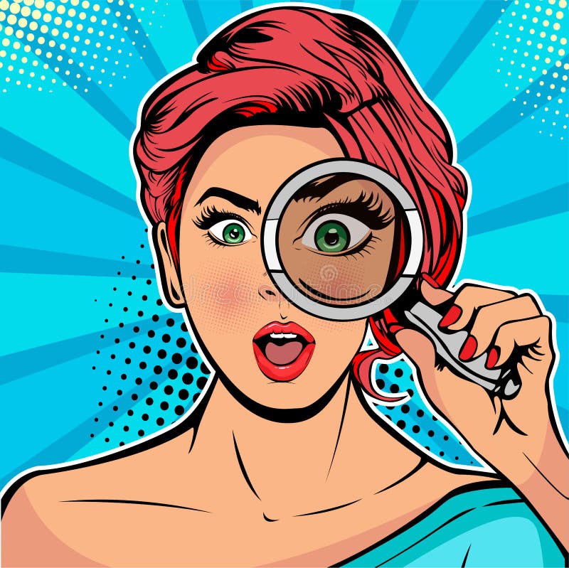 The woman is a detective looking through magnifying glass search. Vector pop art illustration