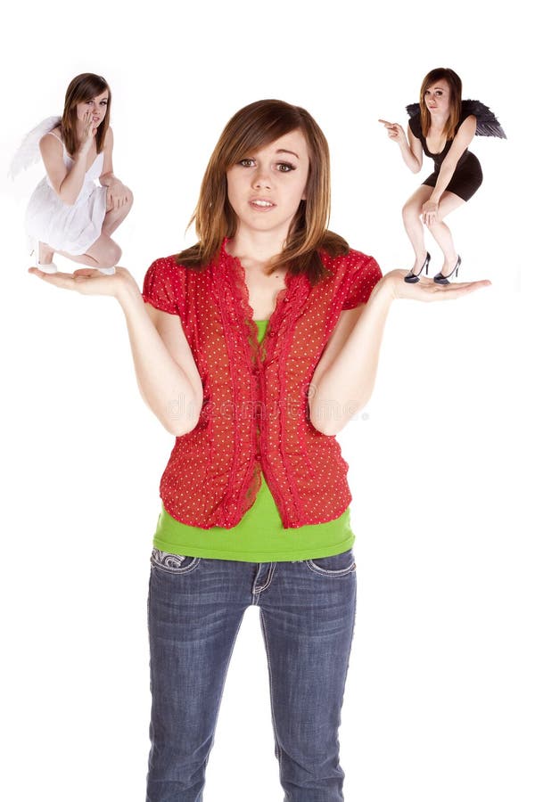 Woman with devil and angel on hands