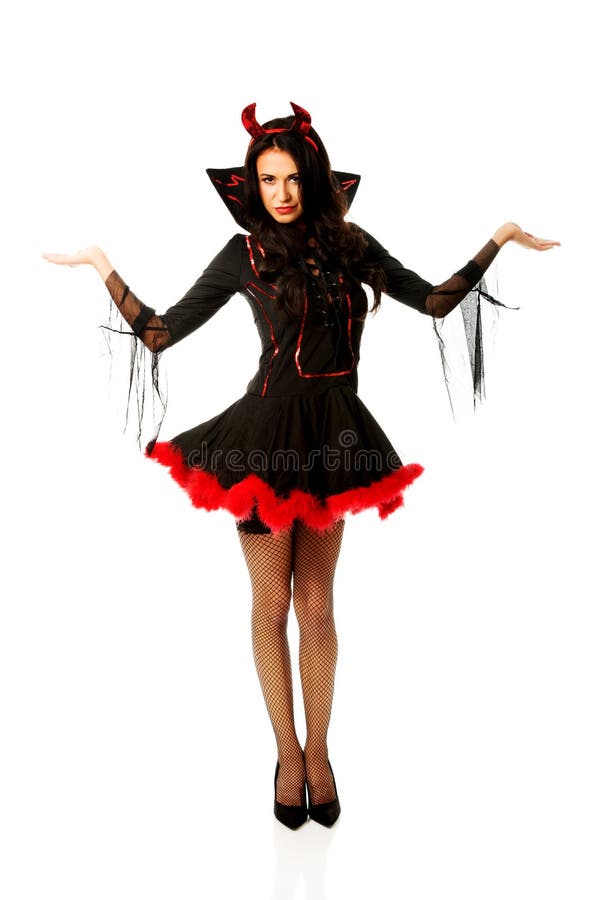 Woman in Devil Clothes with Open Hands Gesture Stock Image - Image of ...