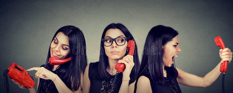 Woman dialing number on vintage telephone curiously listening and getting angry screaming on the phone