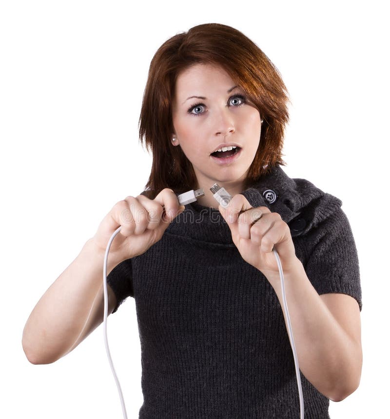 Woman disconnects cable stock photo. Image of caucasian 31999212