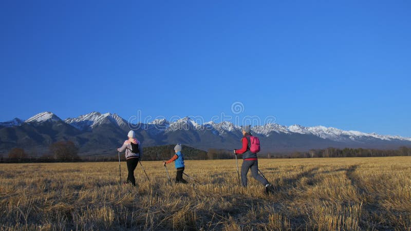 Woman do die Nordic in aard op achtergrond van bergen in gebied lopen Meisjes en kinderen de stokken van de gebruikstrekking en n