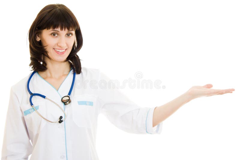 Woman doctor with arm outstretched