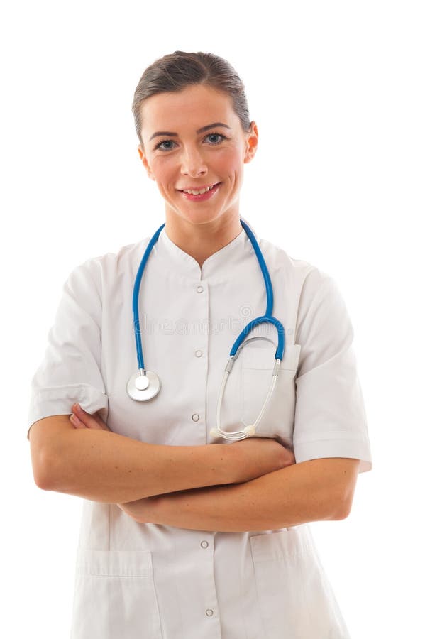 Woman doctor with arms crossed standing over white background