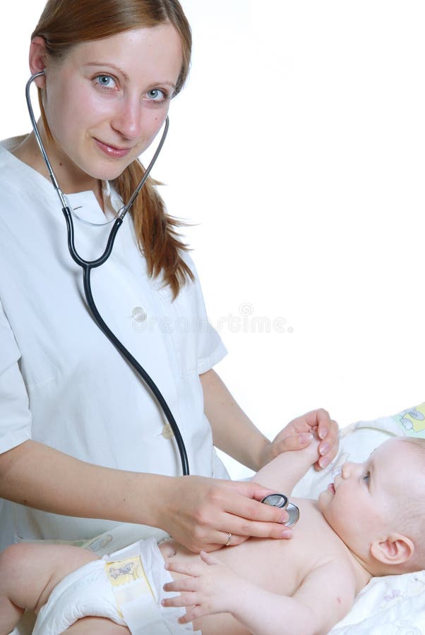 Woman doctor exams baby