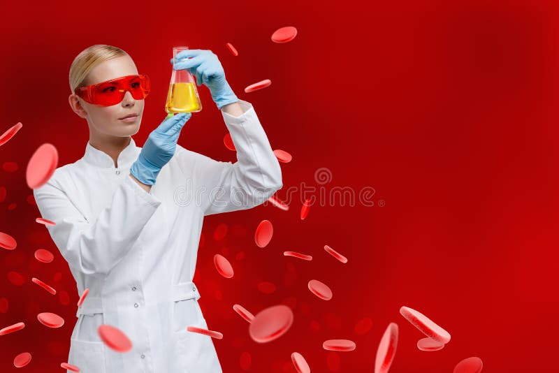 Woman doctor hands Erlenmeyer flask with yellow water on red blood cells background