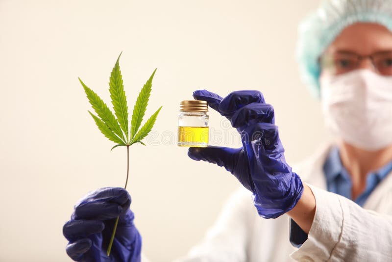 Woman Doctor Holding a Cannabis Leaf and Oil. Alternative Medicine ...