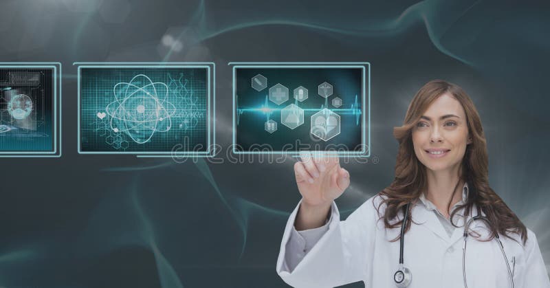 Digital composite of Woman doctor interacting with medical interfaces against blue background