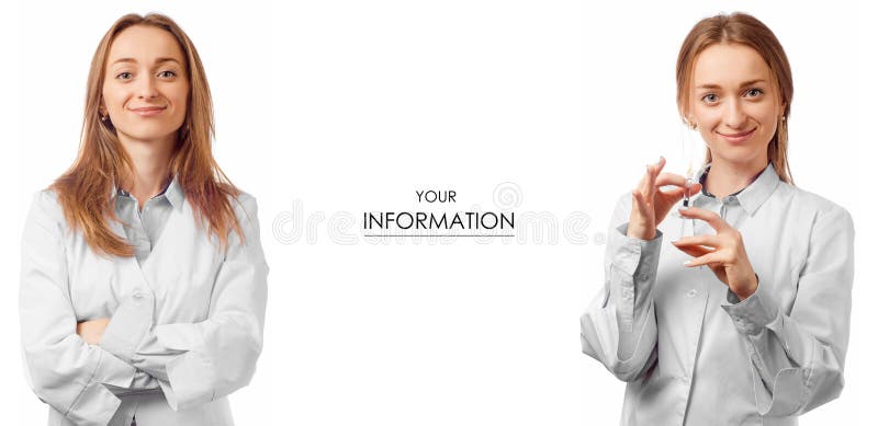 Woman doctor in medical gown with syringe health medicine set pattern on white background isolation