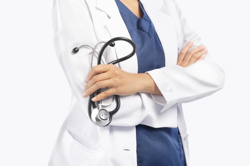 Woman Doctor In White Lab Coat Holding Stethoscope On Her Hands Stock