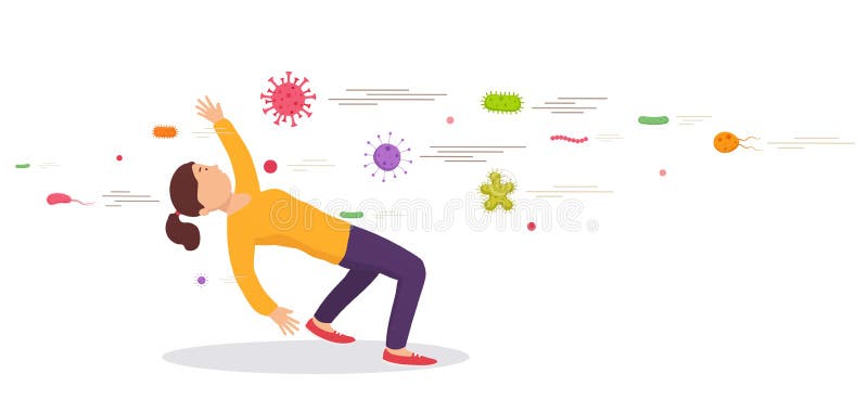 Woman dodging reflects bacteria. Virus prevention concept. Protecting immune system from bad bacteria. Barrier against viruses stock illustration