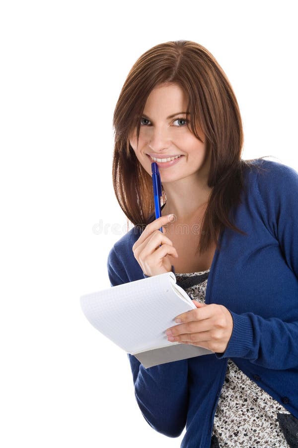 Woman does records by pen in notepad