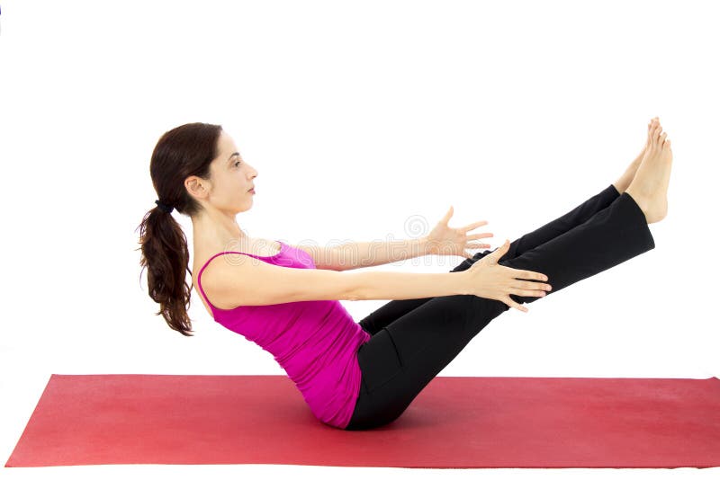 woman doing boat pose variation yoga stretching strengthening ab muscles series same model available 36632644