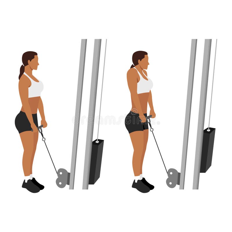 Woman doing cable shrugs exercise flat vector royalty free illustration