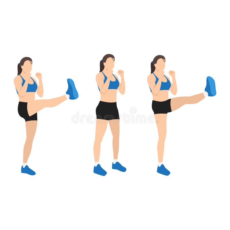 Woman Doing High Kicks Exercise. Flat Vector Stock Vector