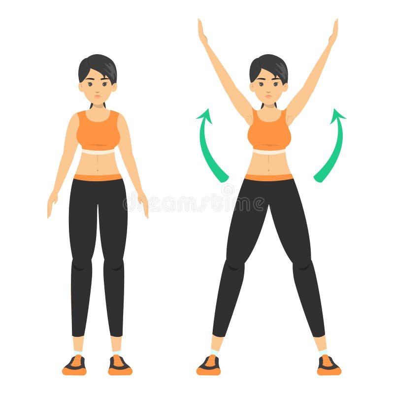 Woman doing a jumping jack exercise. Warm-up