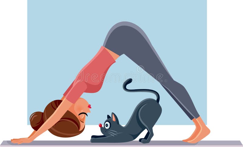 Woman doing Pilates next to her pet friend stretching together. Woman doing Pilates next to her pet friend stretching together