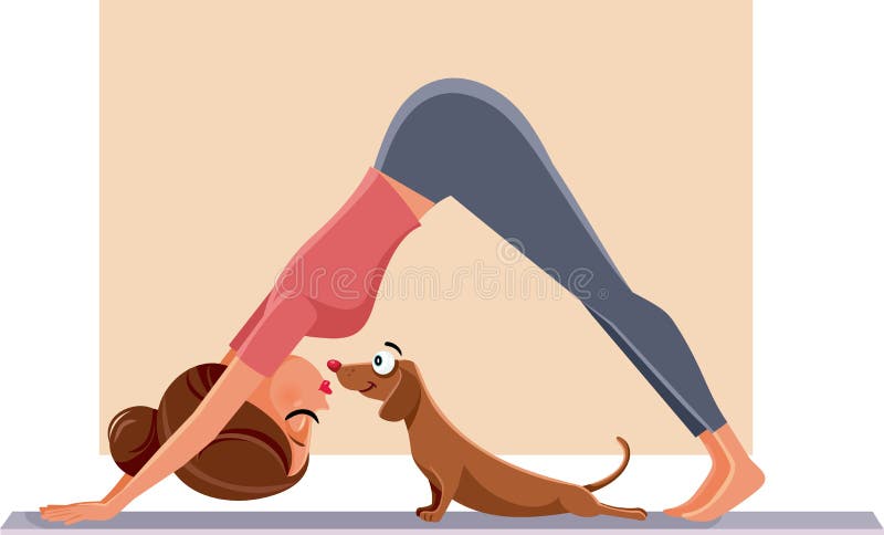 Woman doing Pilates next to her pet friend stretching together. Woman doing Pilates next to her pet friend stretching together