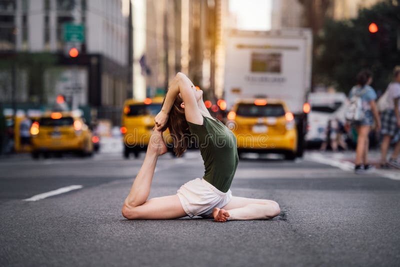 Woman Doing Yoga Pose with Arms on the Back in New York City Park. Yoga  Classes Concept.. Stock Image - Image of exercise, outside: 105747681