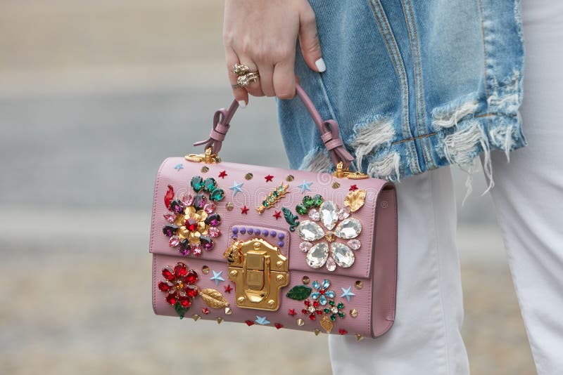 Woman with Dolce E Gabbana Pink Leather Bag Decorated with Colorful Gems in  Shape of Flowers before Cristiano Editorial Stock Photo - Image of gems,  luxury: 195184133