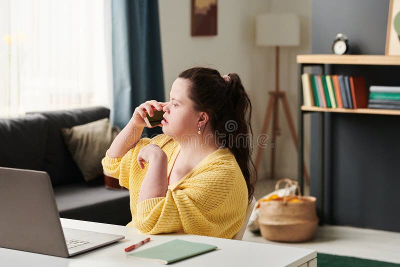 Woman with Down Syndrome Speaking on Phone Stock Image Image of