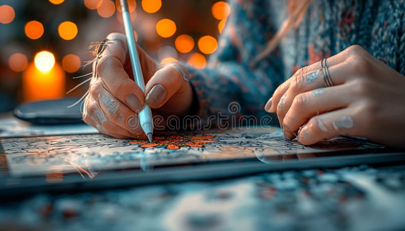 Woman drawing on tablet with decorative lights behind. stock image