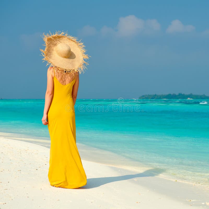 Woman in Dress Walking on Tropical Beach Stock Image - Image of exotic ...