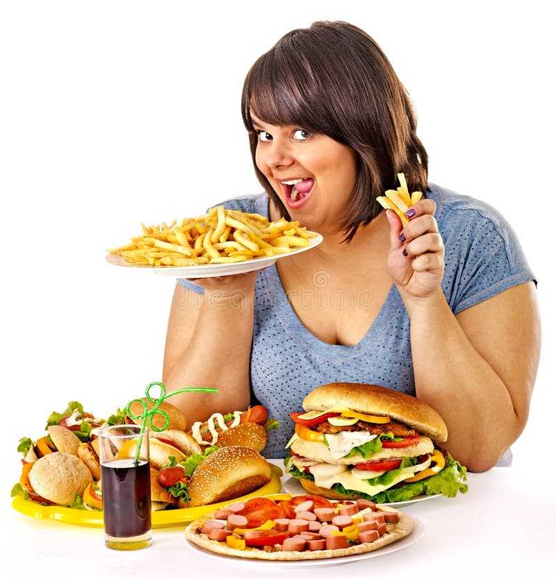 Sovrappeso donna di mangiare fast food.