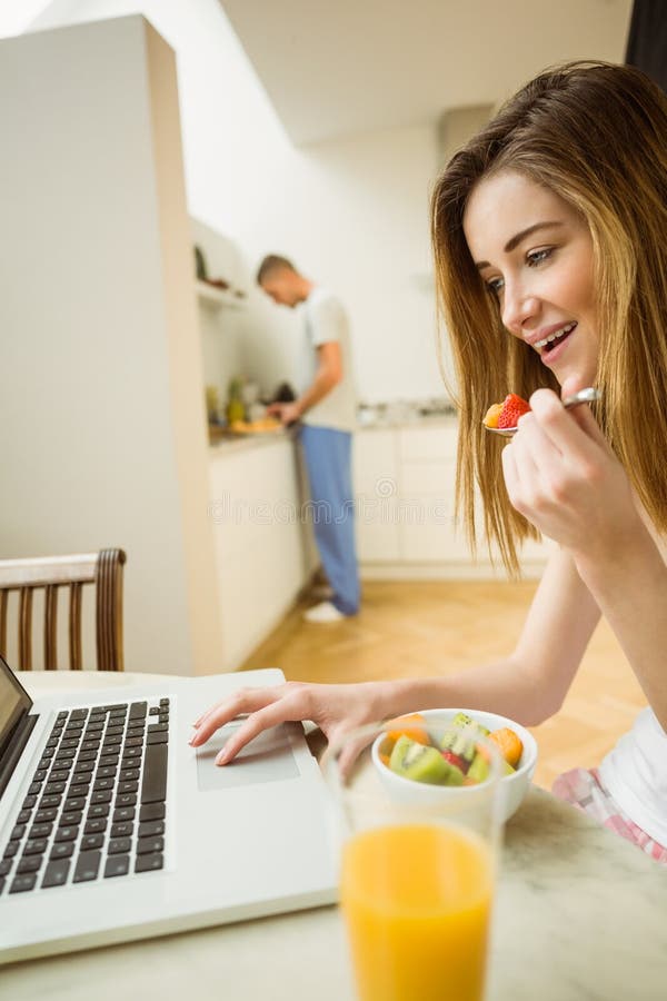 Woman Eating Fruit Salad at Breakfast Stock Photo Image of apartment
