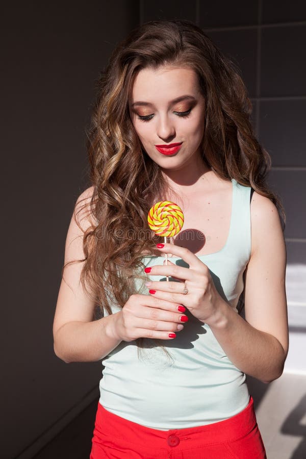 Beautiful Woman Eats A Big Candy Sweet Lollipop Stock Image Image Of Clothing Girl 161758661