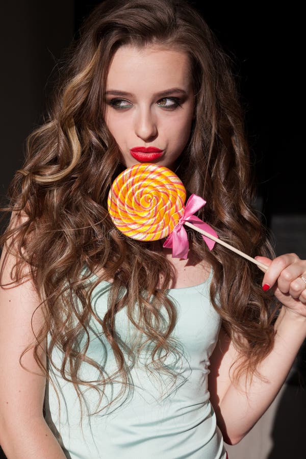 Beautiful Woman Eats A Big Candy Sweet Lollipop Stock Image Image Of