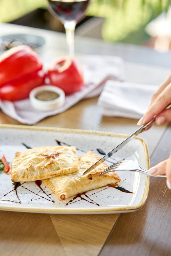 Woman eats Latin American fried empanadas with Vegetable salad with arugula. Decorated with balsamic sauce. Menu. Latin American fried empanadas with Vegetable royalty free stock images Woman eats Latin American fried empanadas with Vegetable salad with arugula. Decorated with balsamic sauce. Menu. Latin American fried empanadas with Vegetable royalty free stock images