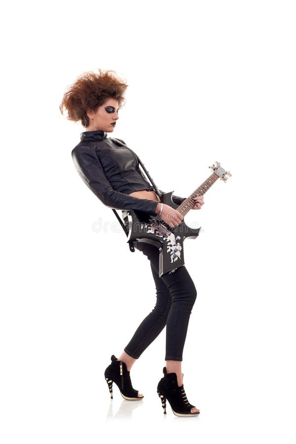 Beautiful Woman with Black Electric Guitar Stock Image Image of